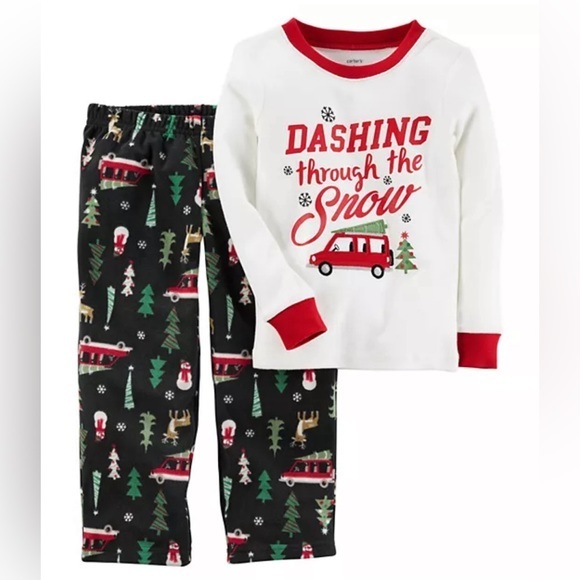 Carters Unisex PJ‎ Set Christmas Dashing Thru the Snow Sz 4T Fleece Bottoms - Picture 1 of 6
